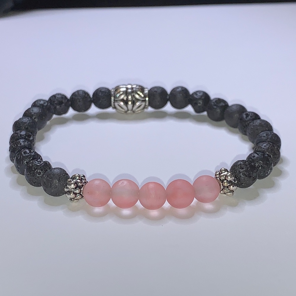 Black Lava & Rose Quartz “Love” Bracelet 7”